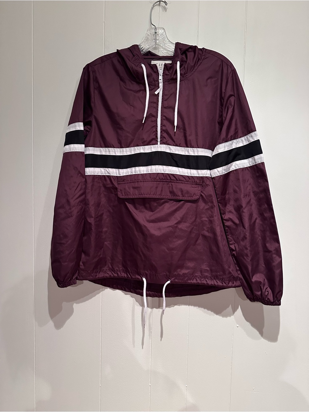 Zine Rain Jacket Windbreaker Burgundy Stripe Pullover Hooded Medium - Picture 3 of 9